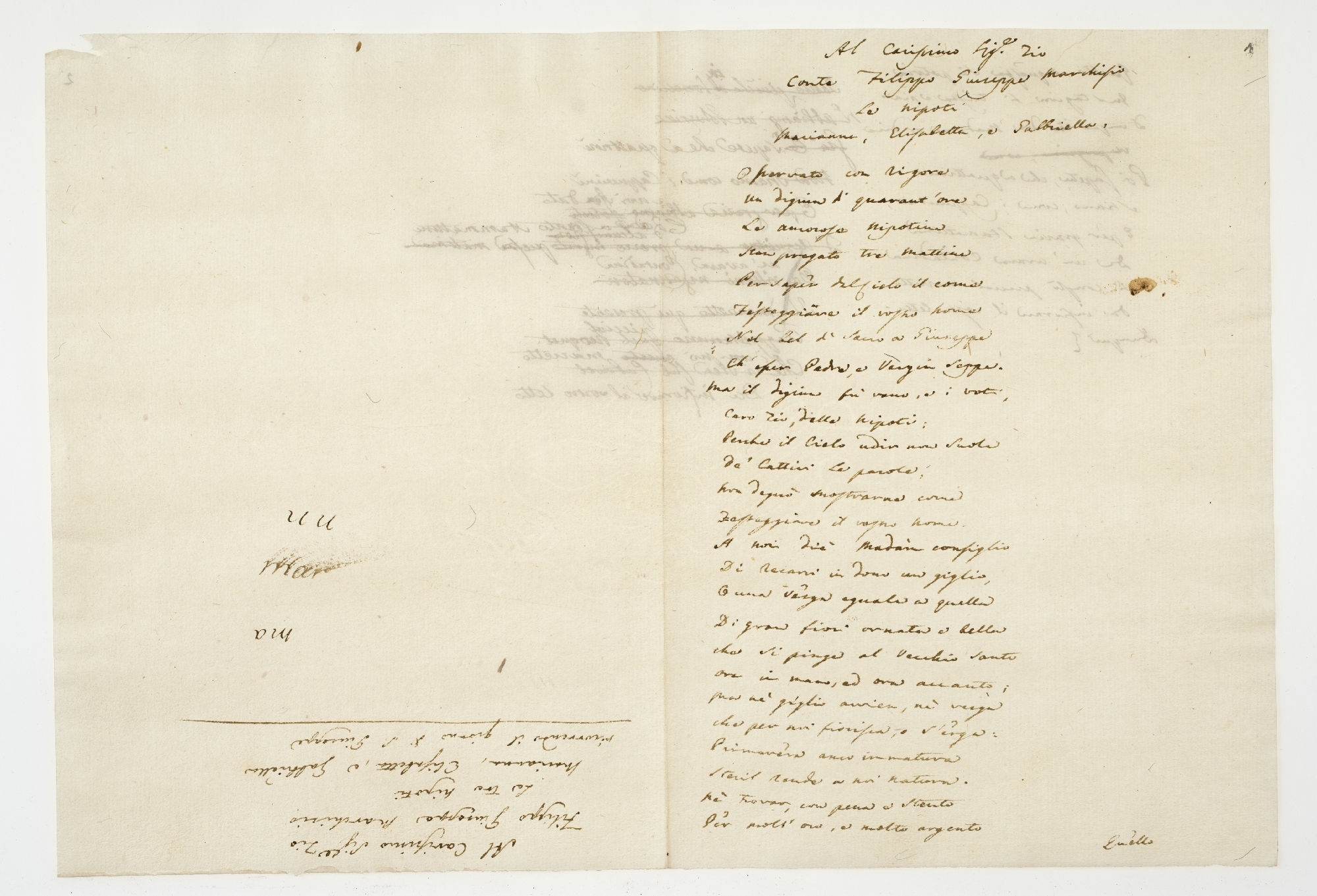 Al Carissimo Sig[nor]e Zio Conte Filippo Giuseppe Marchisio Le nipoti Marianna, Elisabetta, e Gabbriella. [incipit]