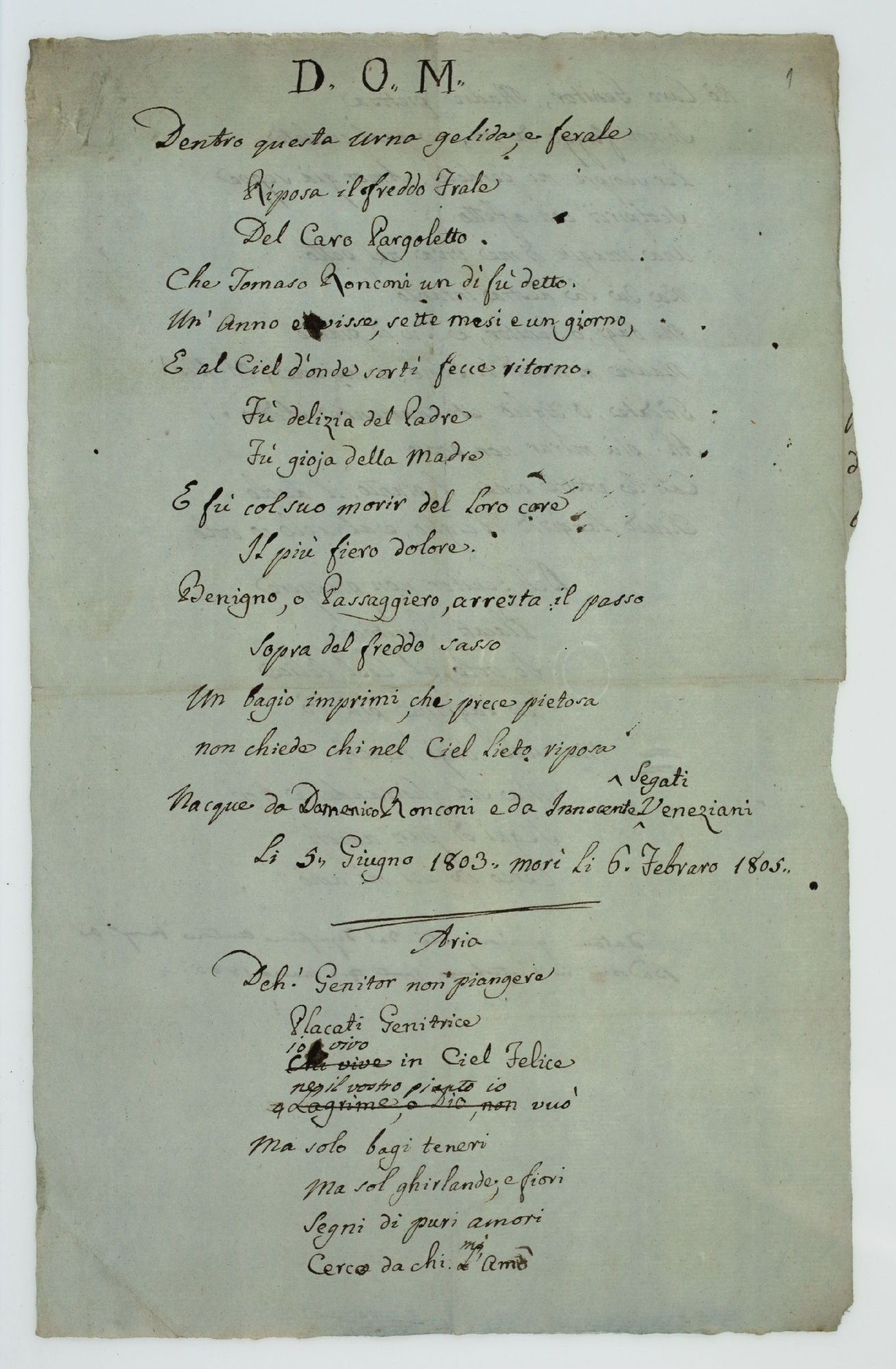 D. O. M. Dentro questa urna gelida e ferale [incipit]