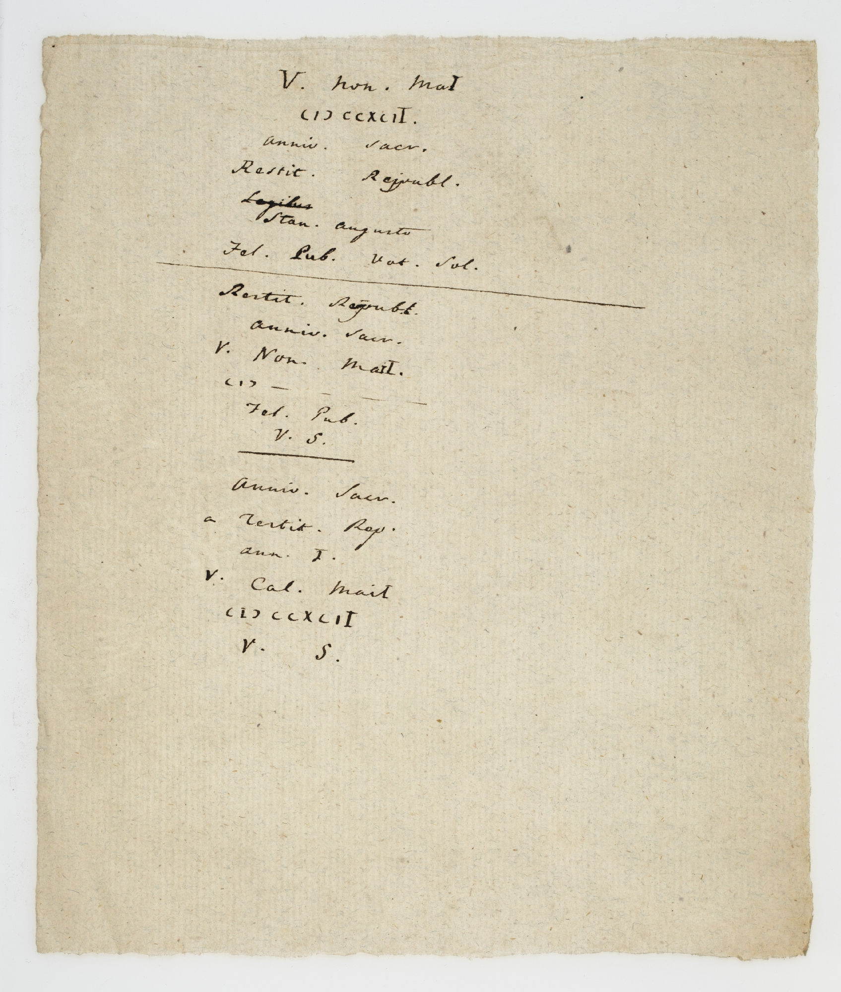 V. Non. MaI ( | ) CCXCII. Annu. Sacr. Restit. Reipubl. [crossed out: Legibus] Stan. Augusto [incipit]