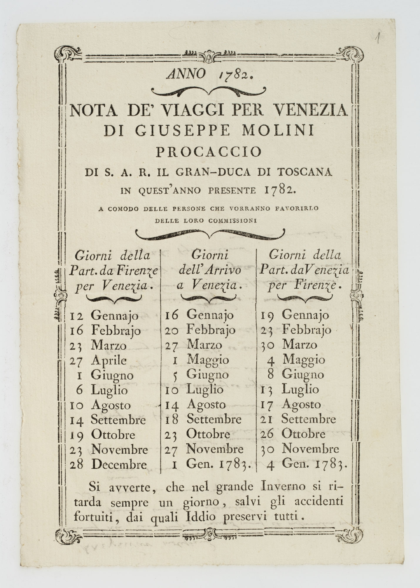 [print:] Anno 1782. Nota de' Viaggi per Venezia di Giuseppe Molini Procaccio di S. A. R. Il Gran-Duca di Toscana in quest'anno presente 1782. [title]