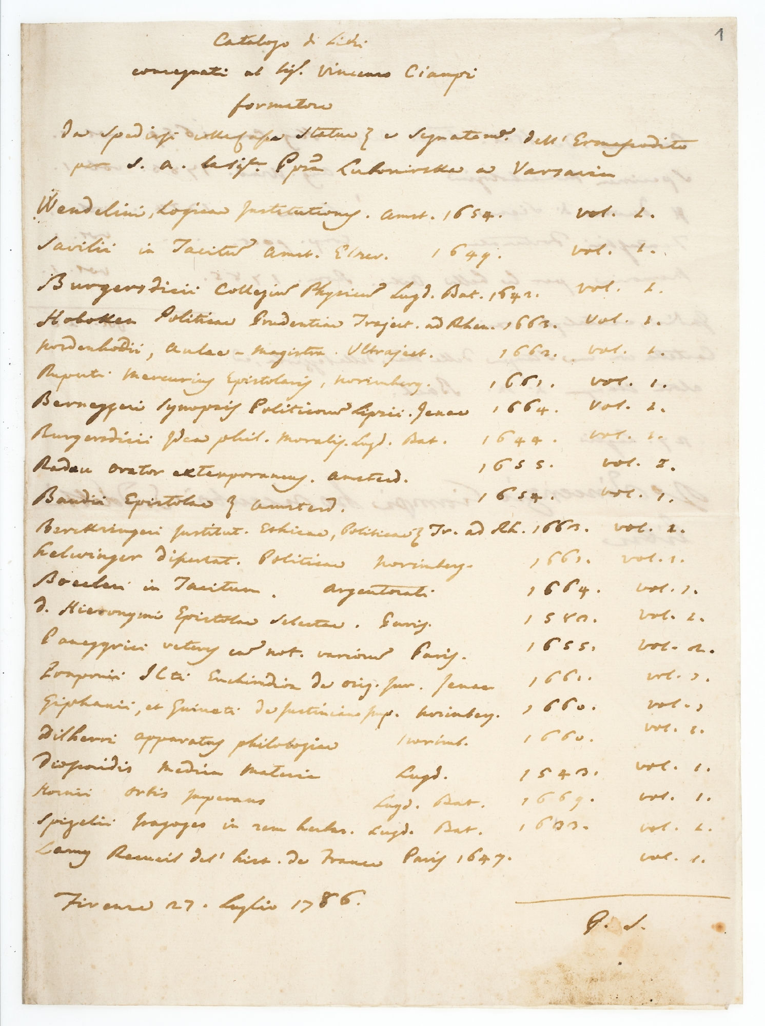 Catalogo di Libri consegnati al Sig. Vincenzo Ciampi formatore [title]