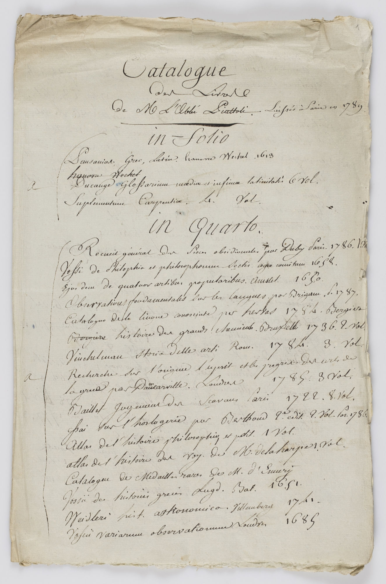 Catalogue des livres de M L'Abbe Piattoli Laisses a Paris en 1789 [title]