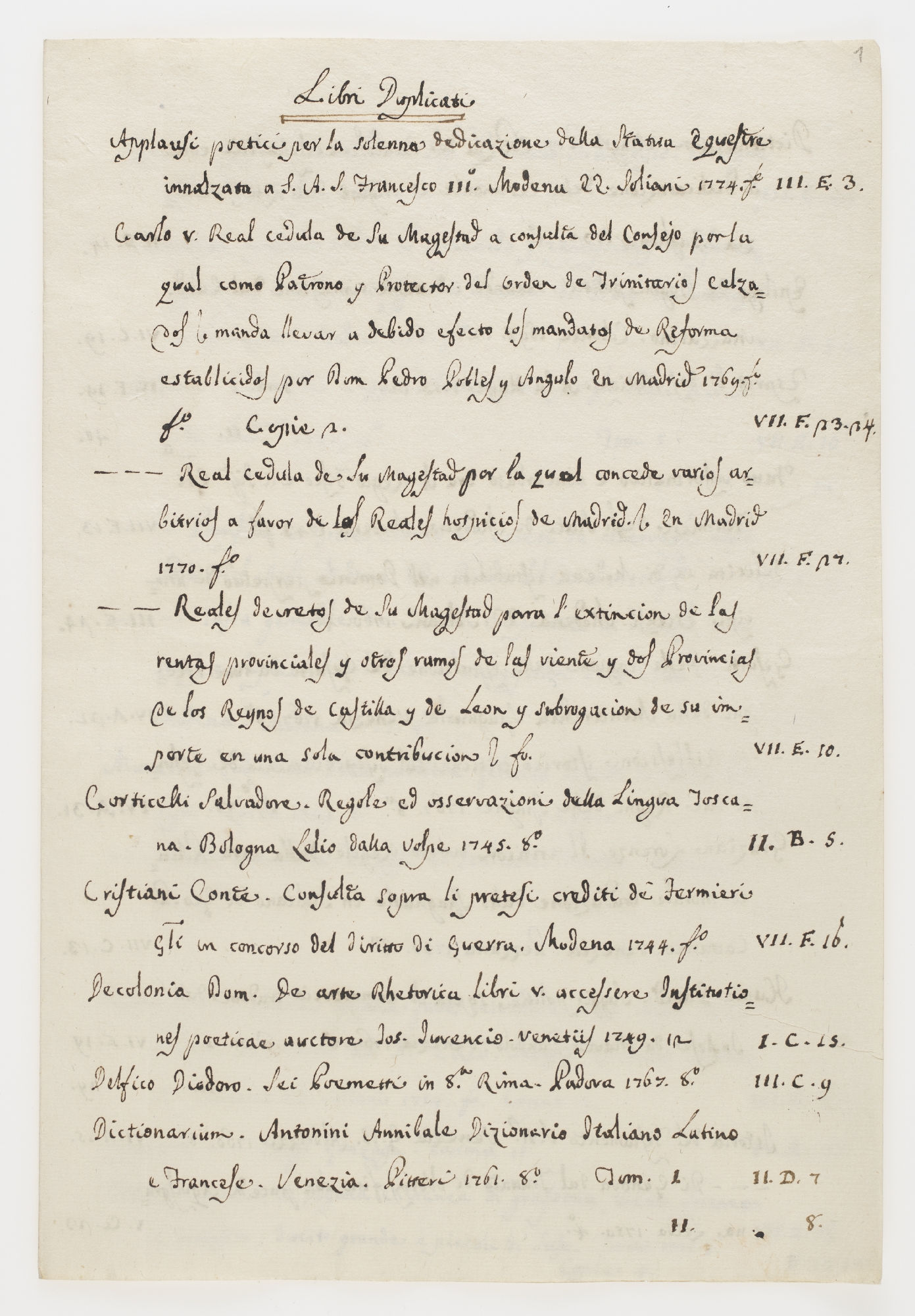 Libri Duplicati. Applausi poetici per la solenna dedicazione della statua equestre innalzata a S. A. S. Francesco III. [incipit]