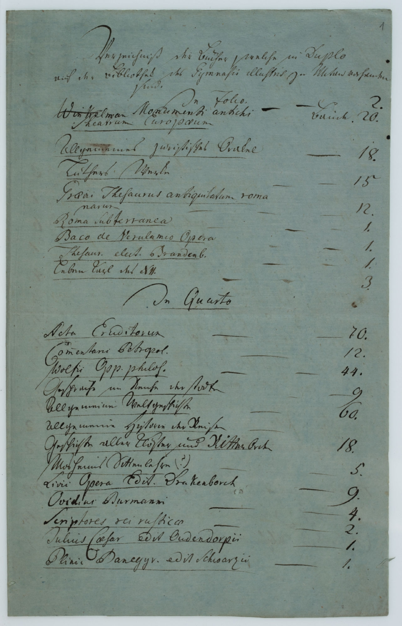 Verzeichnis der Bücher welche in Duplo auf der Bibliothek des Gymnasii illustris zu Mitau vorsenden [?] sind. [title]