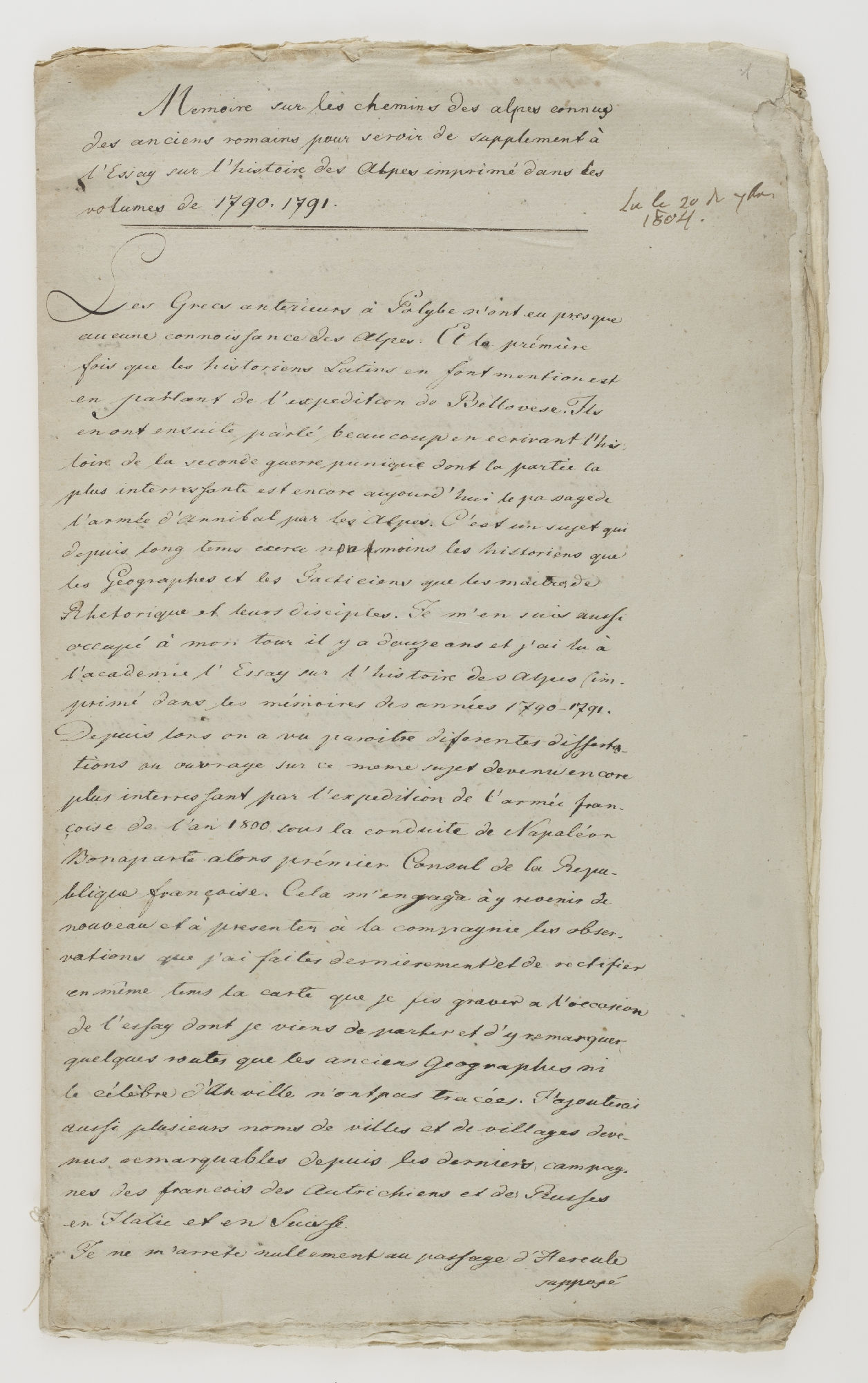 Memoire sur les chemins des alpes connus des anciens romains pour servir de supplement a l'Essay sur l'histoire des Alpes imprime dans les volumes de 1790.1791. [title]
