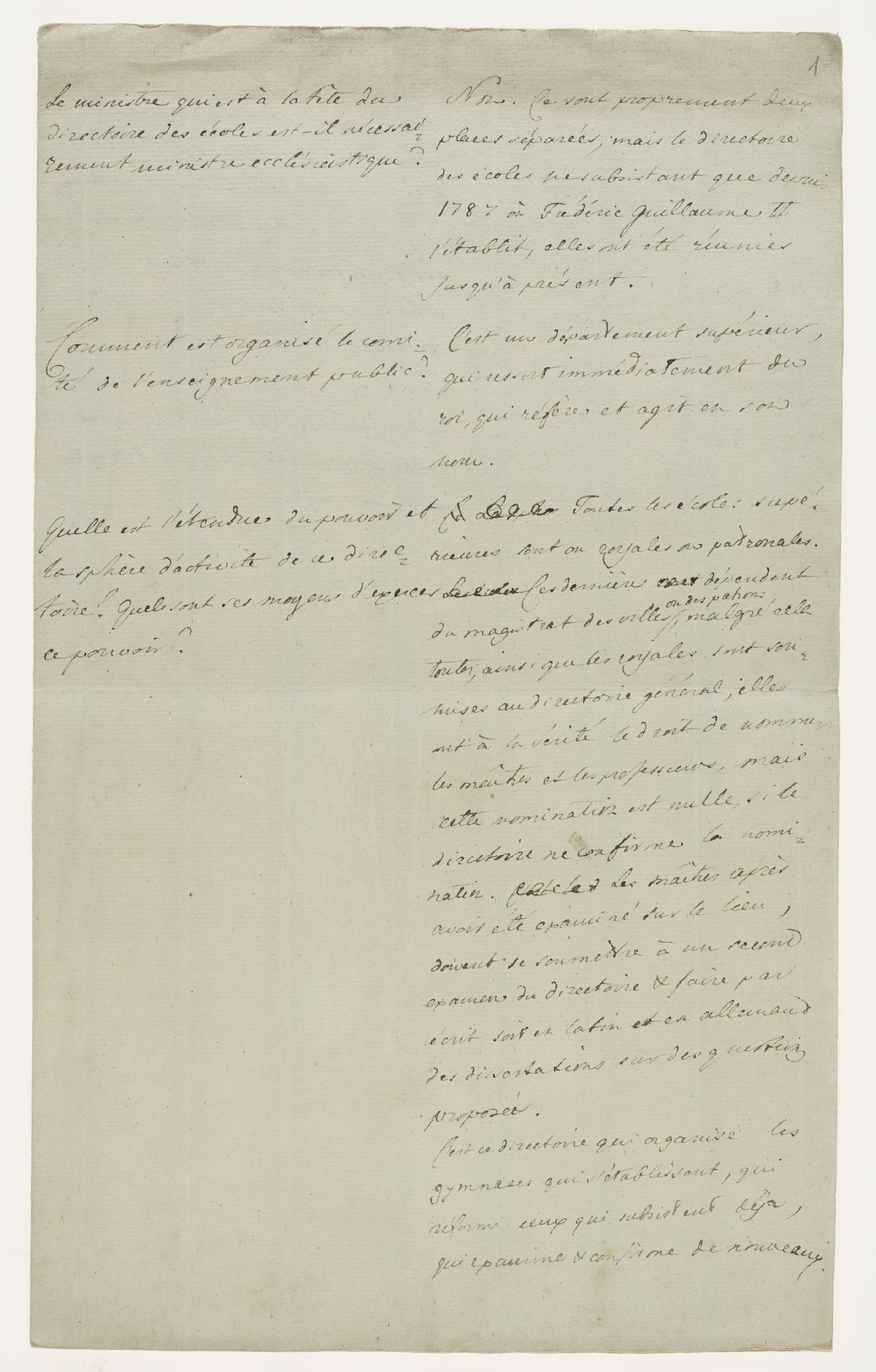 Le ministre qui est à la tête du directoire des écoles est-il nécessairement ministre ecclésiastique? [incipit]