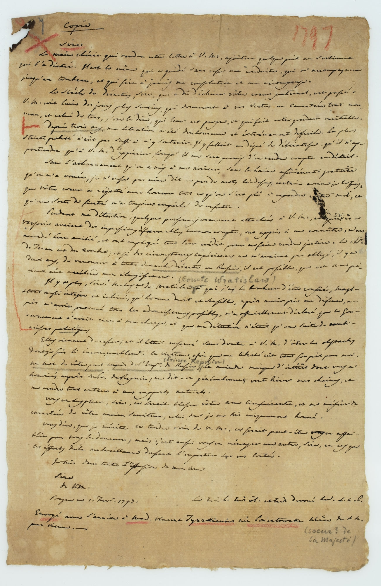 Copie. Sire. La main chérie qui rendra cette lettre à V. M., ajoutera quelque prix au sentiment qui l'a dictée [incipit]