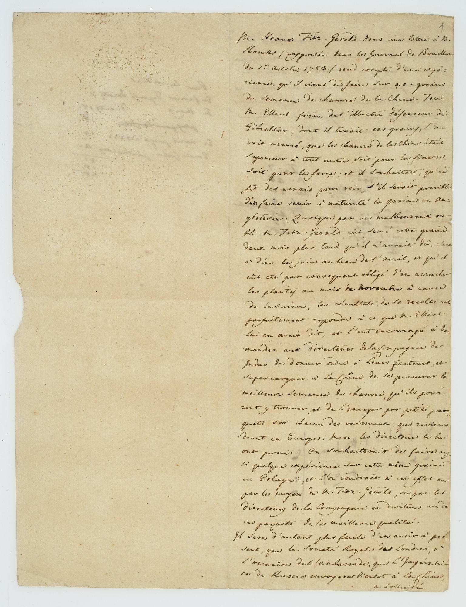 M. Keane Fitz-Gerald dans une lettre à M. Banks (rapportée dans le Journal de Bouillon du 1.er Octobre 1783) [incipit]