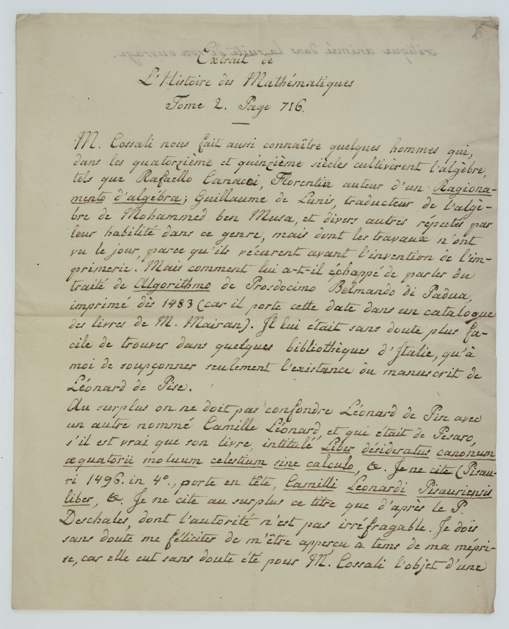 Extrait de L'Histoire des Mathématiques Tome 2. Page 716 [incipit]