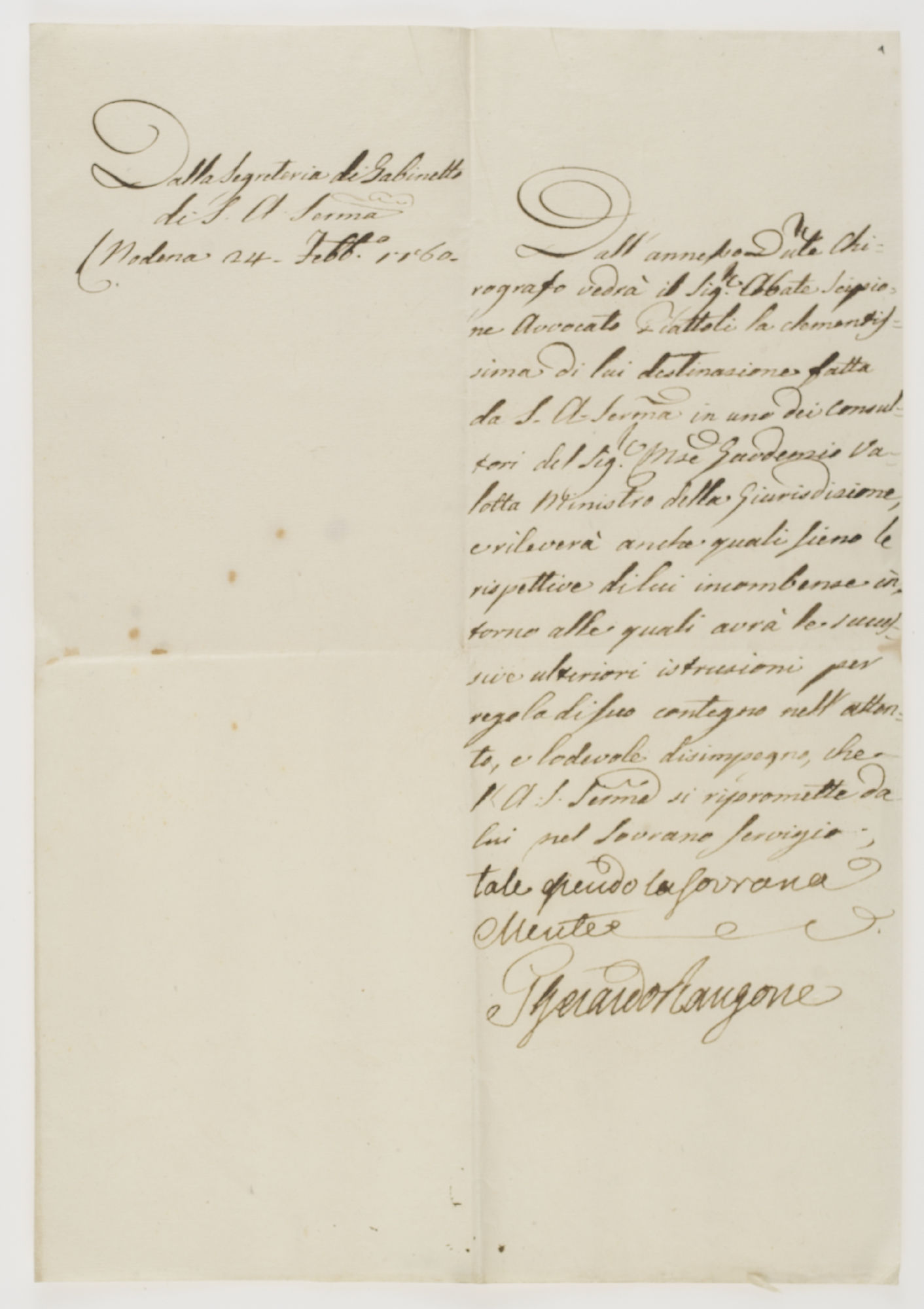 Dalla Segreteria di Gabinetto di S[ua]. A[ltezza]. Ser[enissi]ma Modena 24. Febb. 1760 [incipit]
