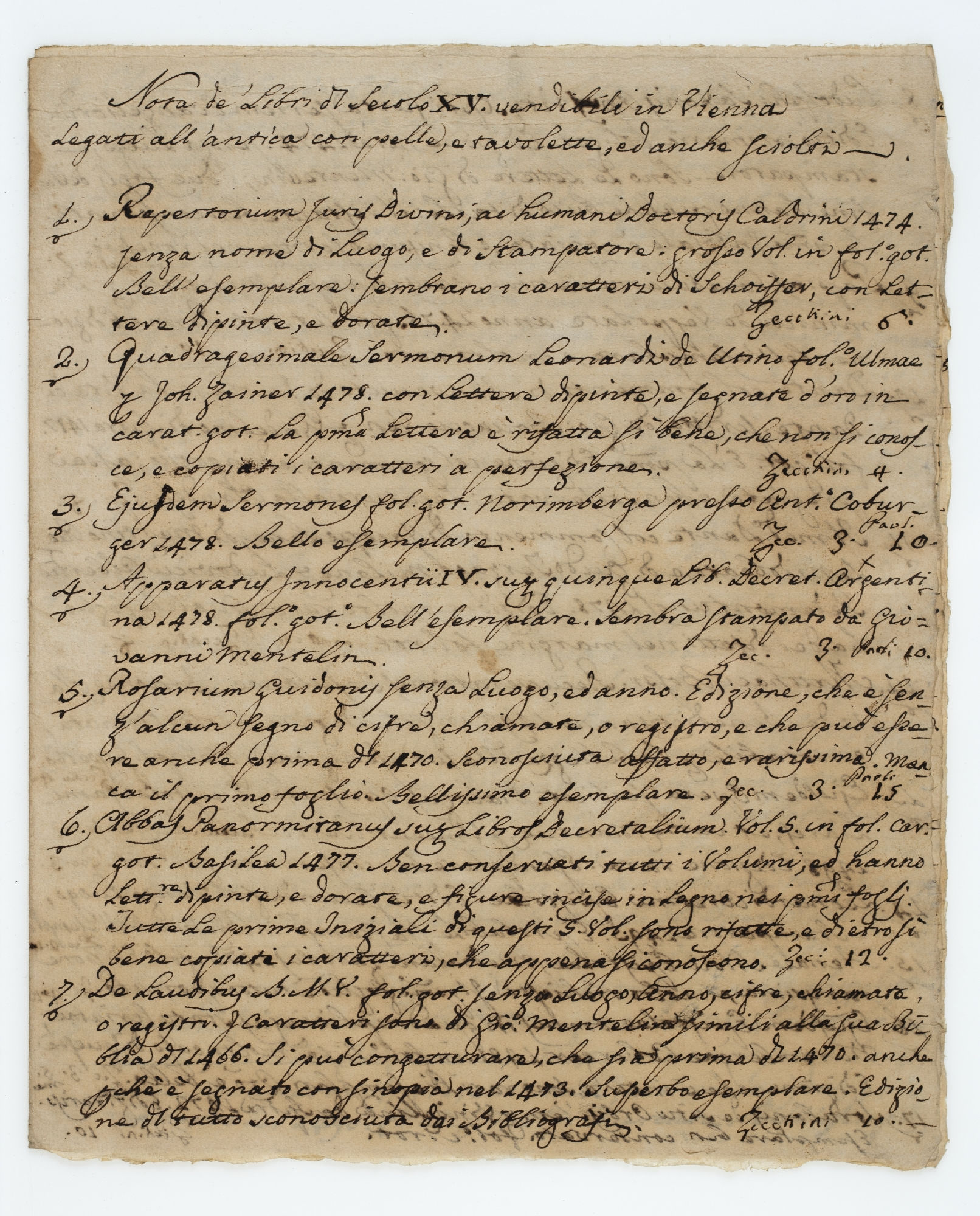 Nota de' Libri di Secolo XV. vendibili in Vienna Legati all'antica con pelle, e tavolette, ed anche sciolti [title]