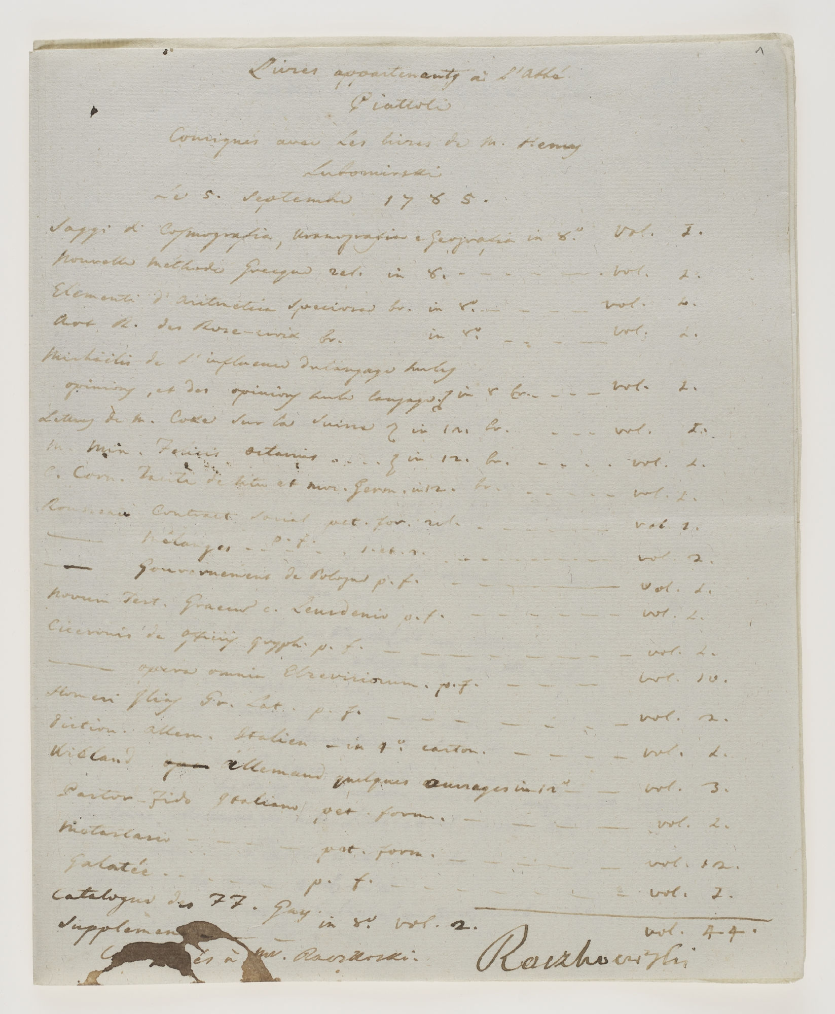 Livres appartenants à L'Abbé Piattoli consignés avec les livres de M. Henry Lubomirski le 5. Septembre 1785 [title]