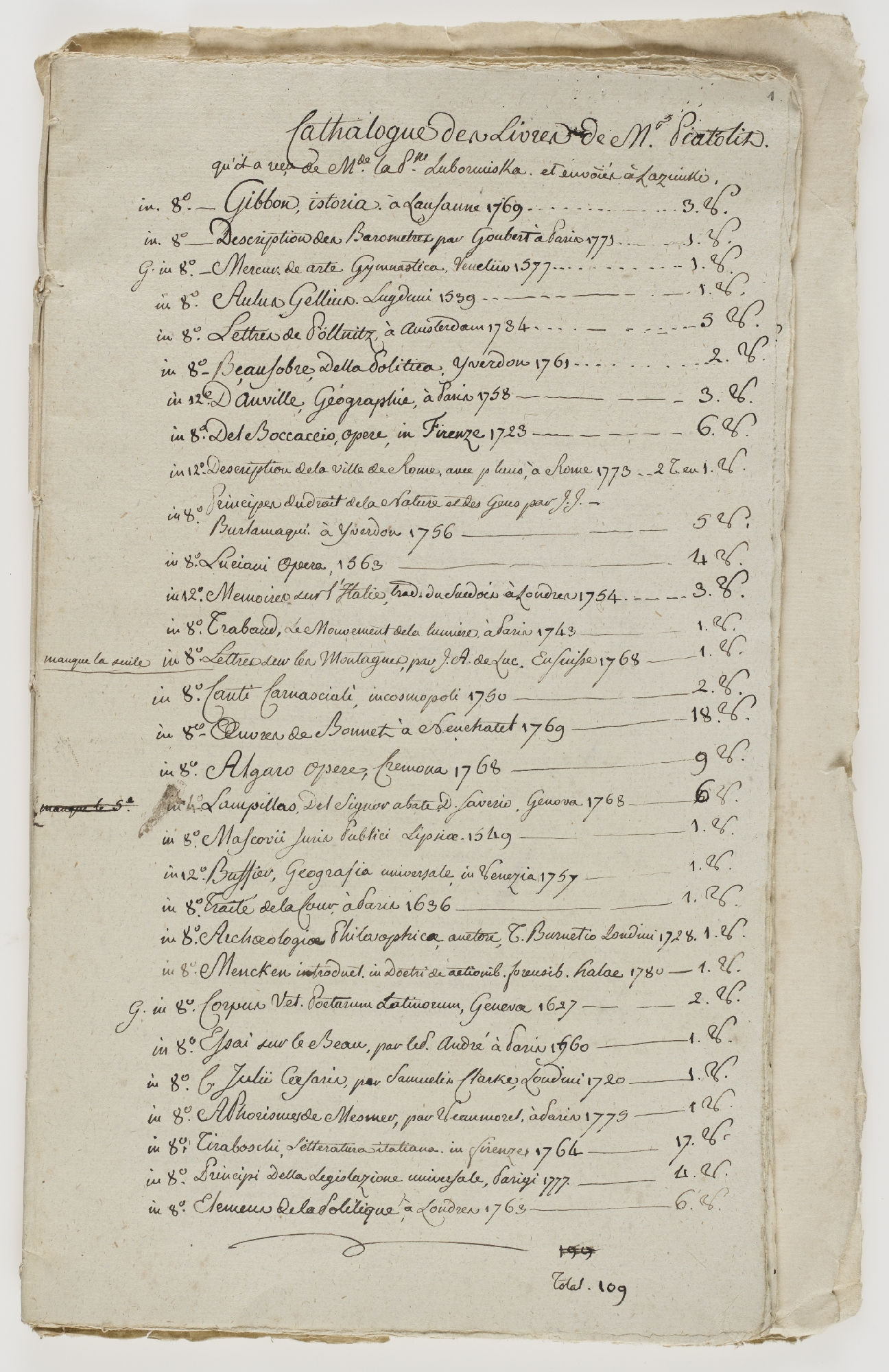 Cathalogue des Livres de M. Piatoli [title]