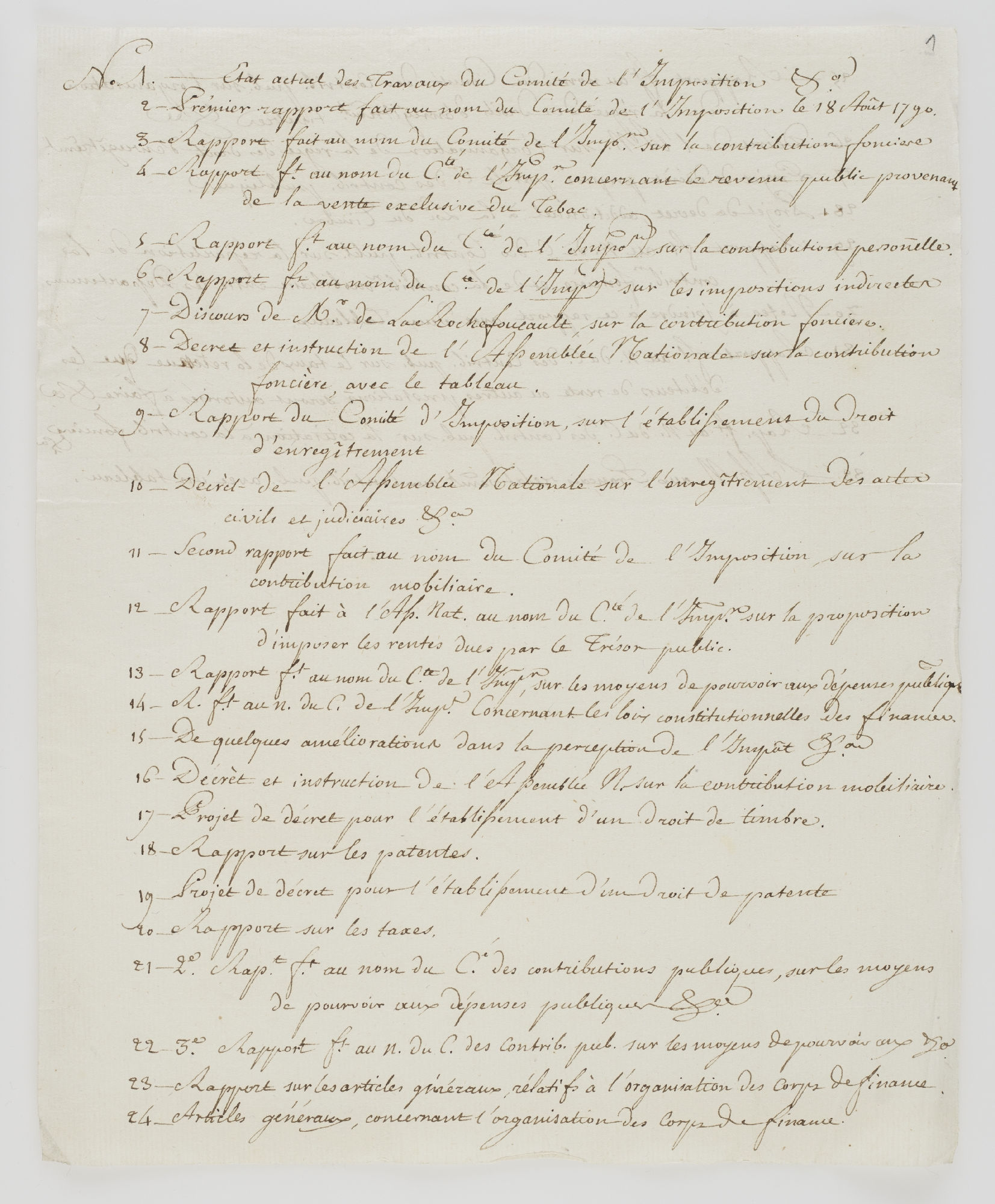 No. 1. Etat actuel des Travaux du Comité de l'Imposition. 8° [incipit]