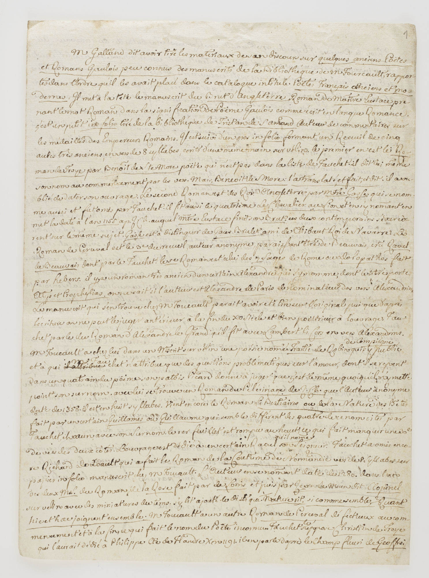 M. Gallani dit avoir tiré les materiaux de son discours sur quelques anciens Poètes et Romans Gaulois peu connus des manuscrits de la Bibliothèque de M. Fourcault [incipit]