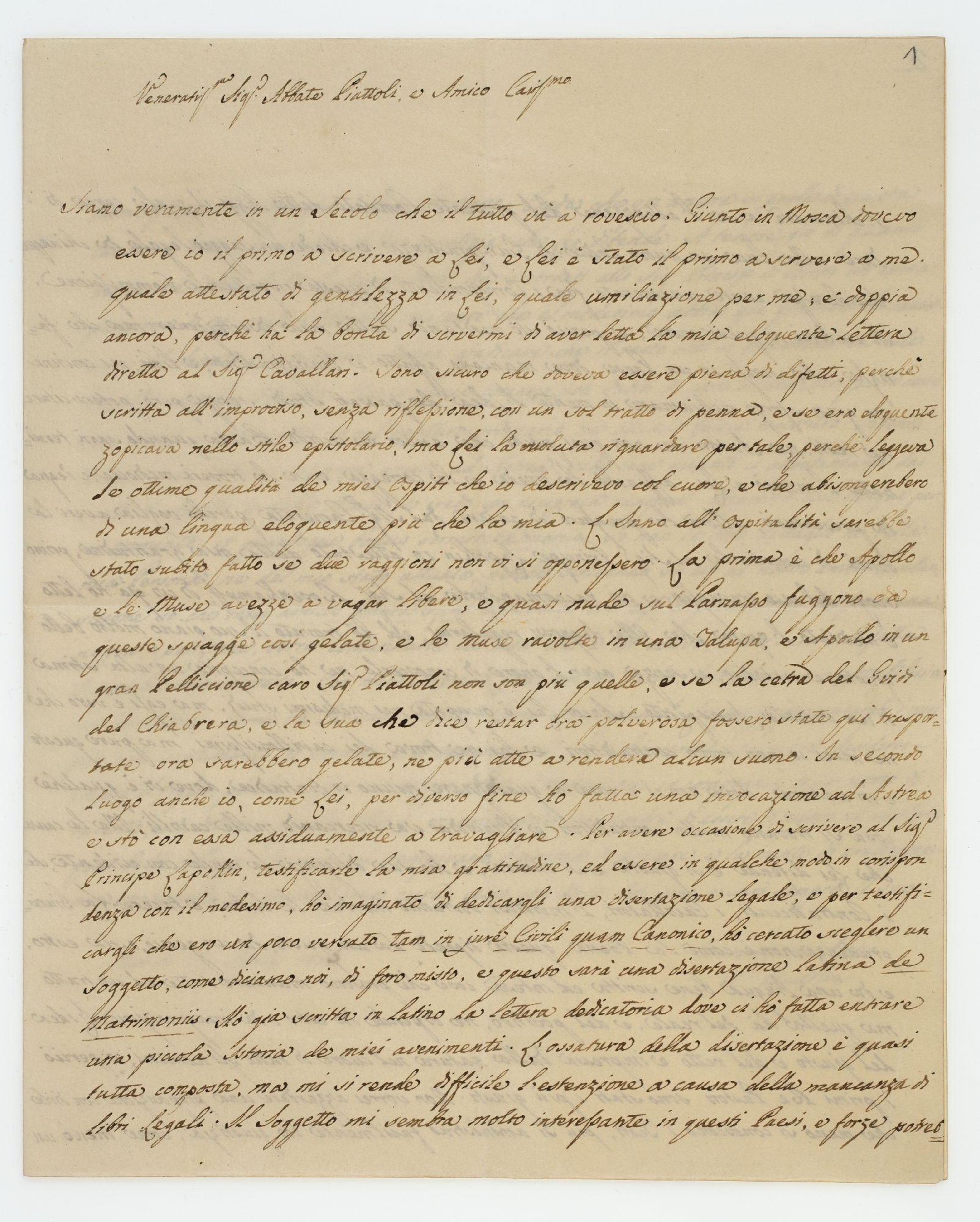 Veneratiss.mo Sig.r Abbate Piattoli, e Amico Cariss.mo [incipit]
