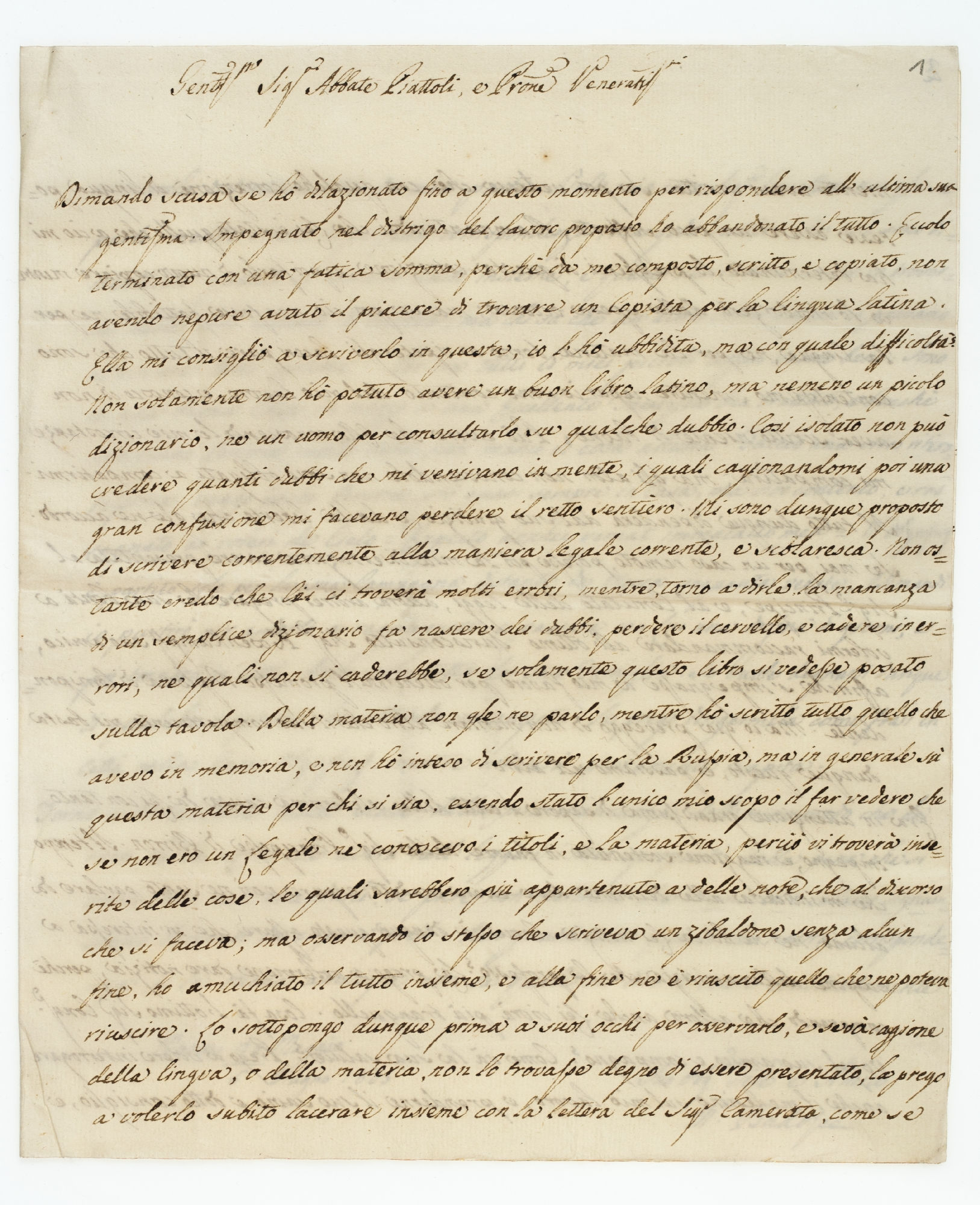 Gentil.mo Sig.r Abbate Piattoli, e Prone Veneratiss.mo [incipit]

