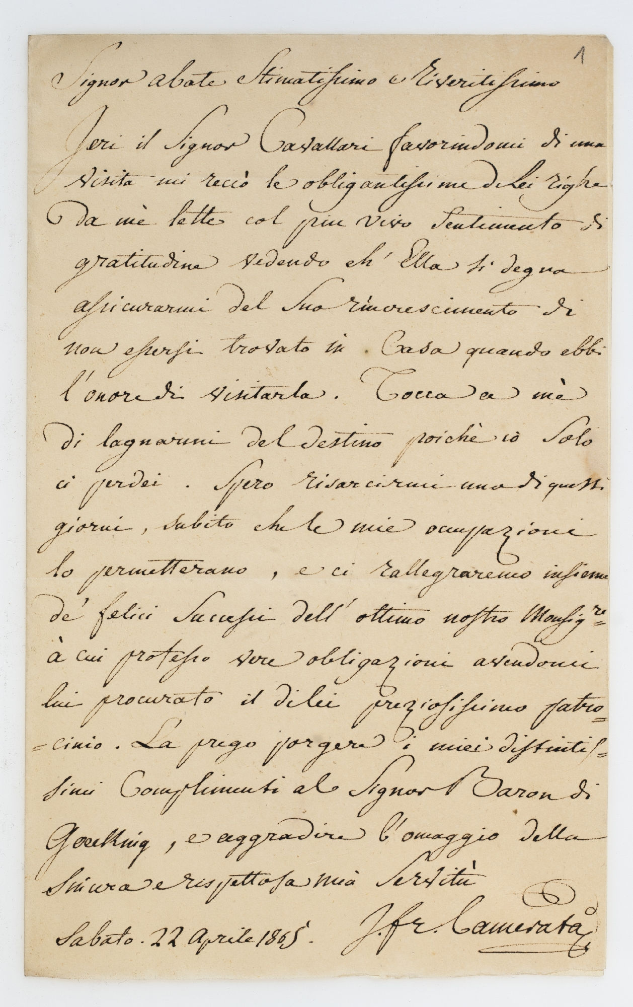 Signor abate Stimatissimo e Riveritissimo [incipit]
