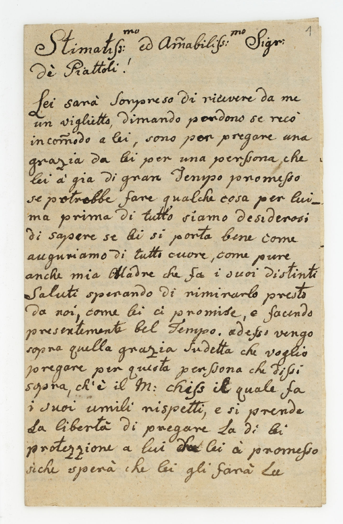 Stimatiss.mo ed Amabiliss.mo Sigr. dè Piattoli! [incipit]