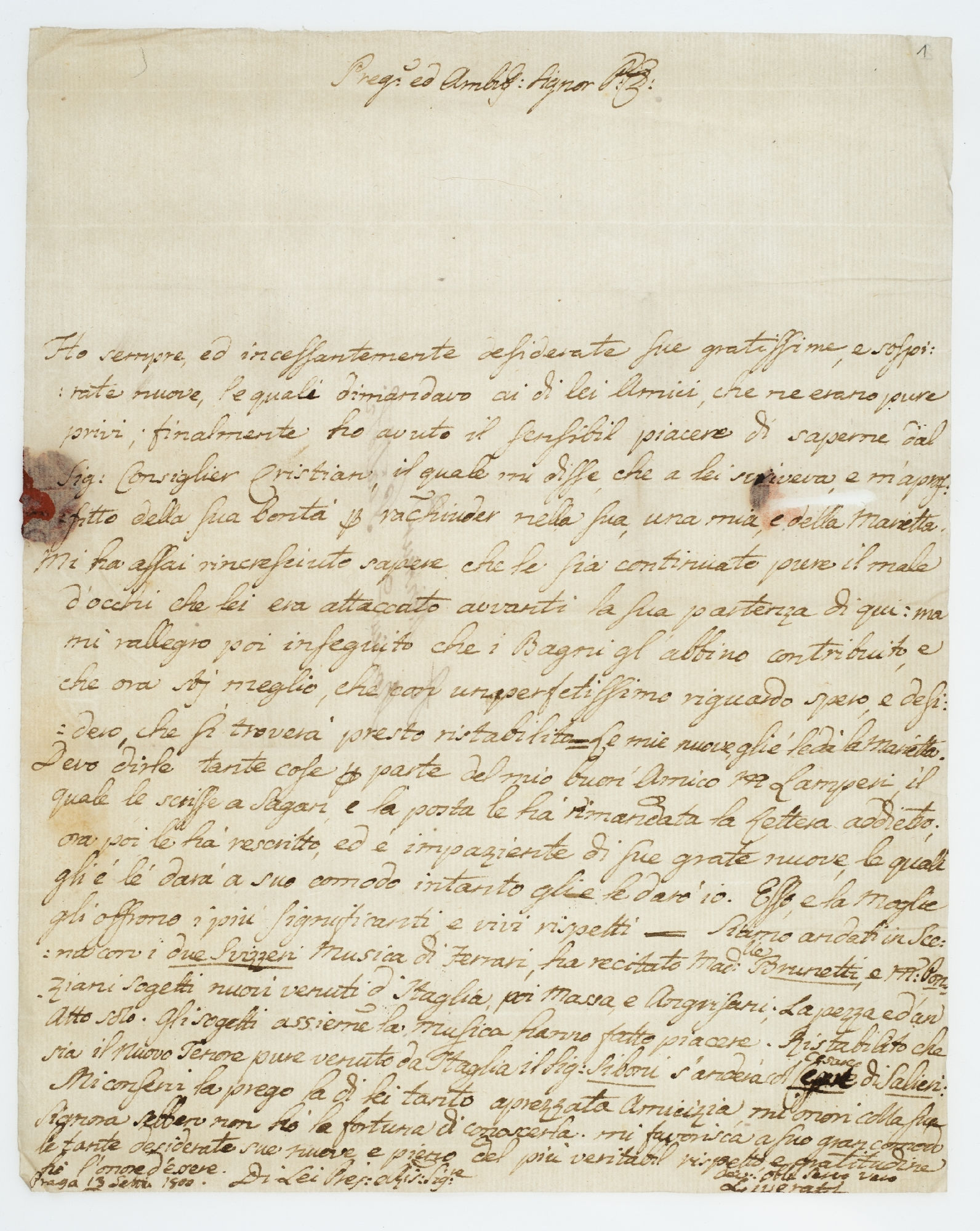 Preg. ed Ambiss. Signor P. li [incipit]
