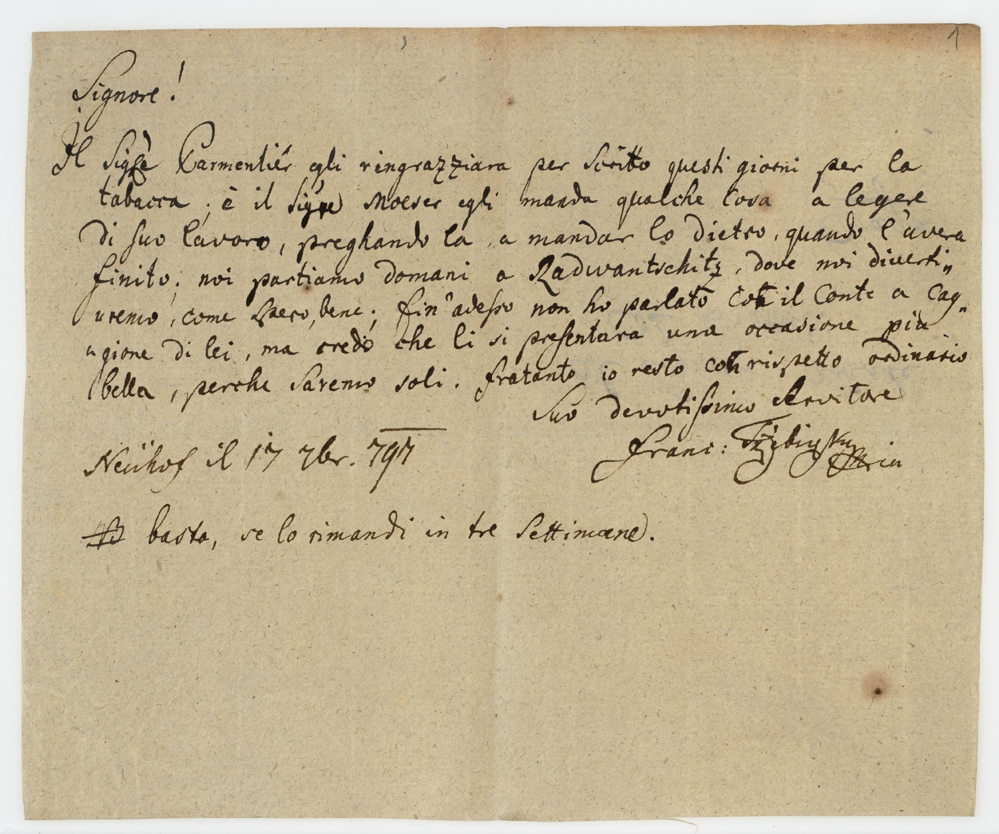 Signore! Il Sign.re Parmentiér gli ringrazziava per Scritto [incipit]
