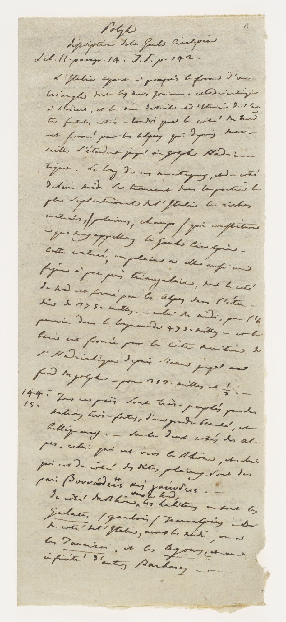 Polybe. description dela [!] Gaule Cisalpine. Lib. II. paragr. 14. T. I. p. 142 [incipit]