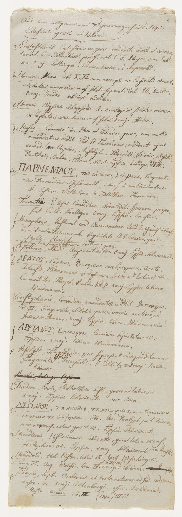 Aus dem allgemeinen Bucherverzeichniss 1795. Classici graeci et latini. [title, p. 1]; Aus dem allgemeinen Bucherverzeichniss 1796. Classici graeci et latini. [p. 3]  Aus dem allgemeinen Bucherverzeichniss 1797. Authores graeci et latini.[p. 6] 