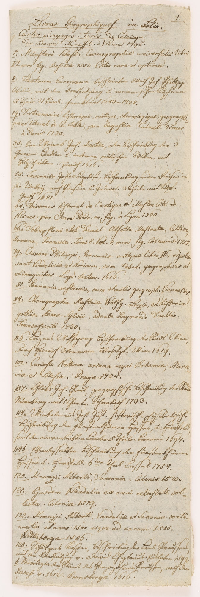 Livres Geographiques in Folio. Cartes et voyages tires du Catalogue du Baron Krafft. Vienne 1795. [title]