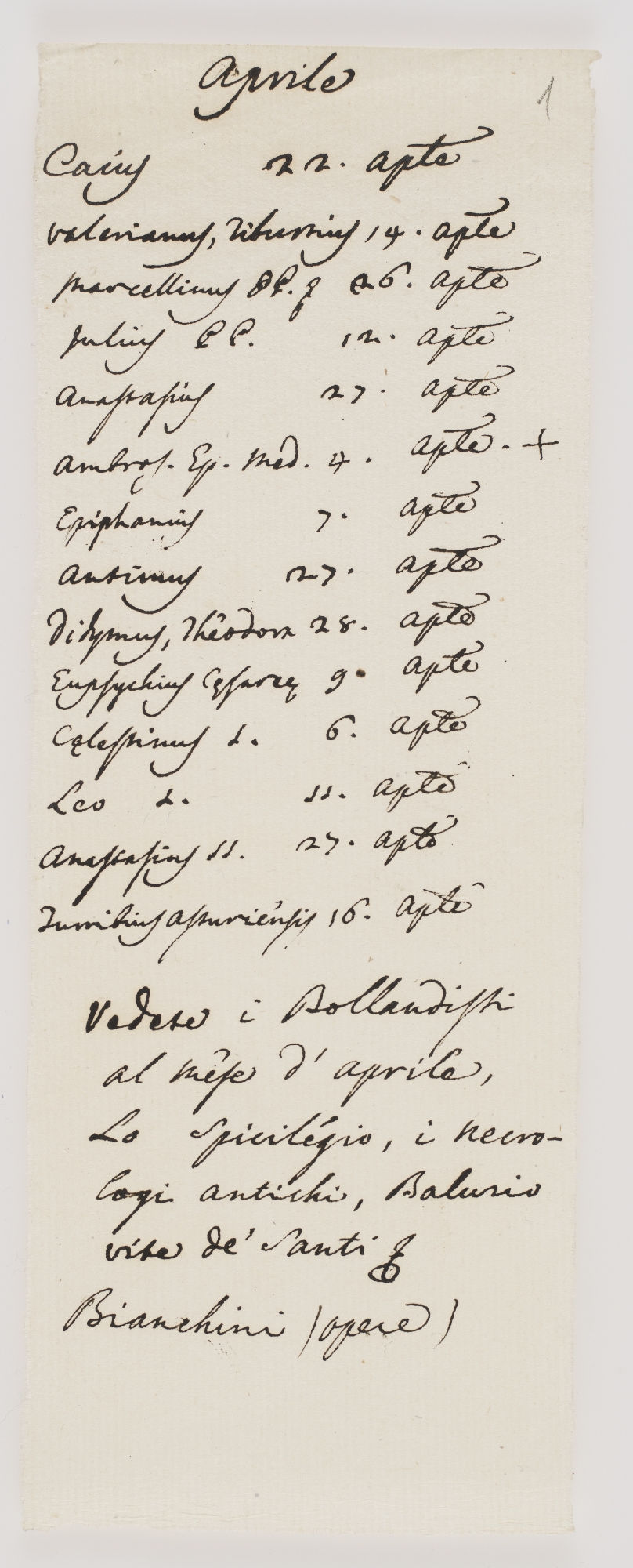 Aprile. Caius 22. Ap[ri]le. Valerianus, Tiburtius 14 Ap[ri]le. [incipit]