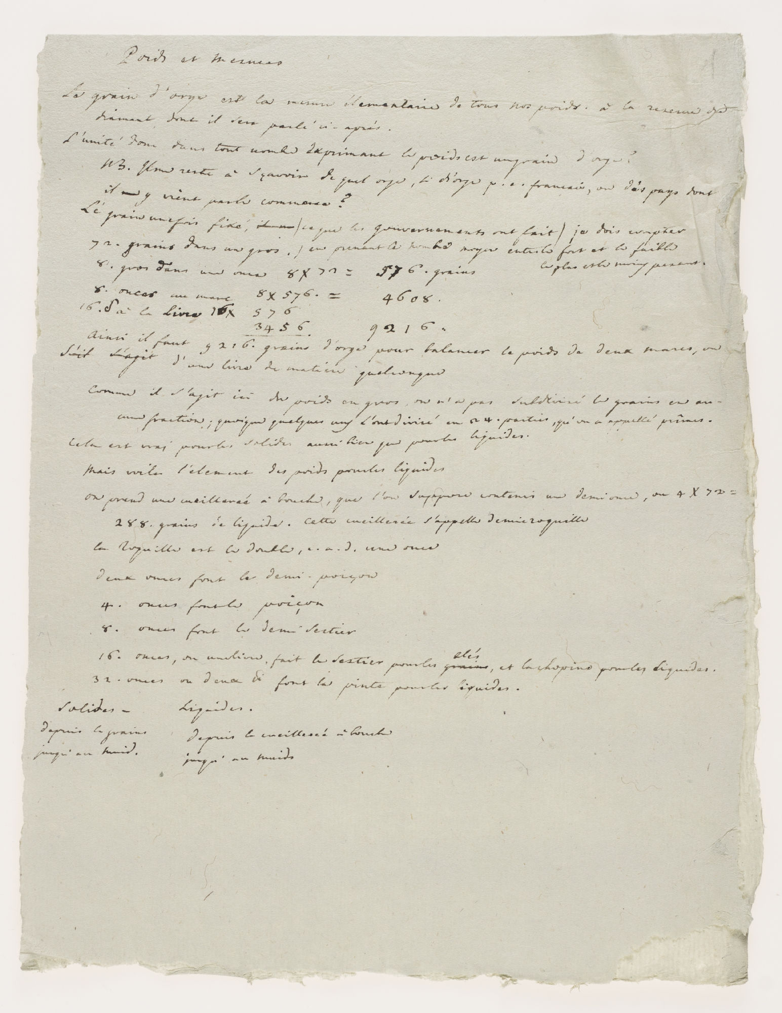 Poids et Mesures. Le grain d'orge est la mesure elementaire de tous nos poids [incipit]