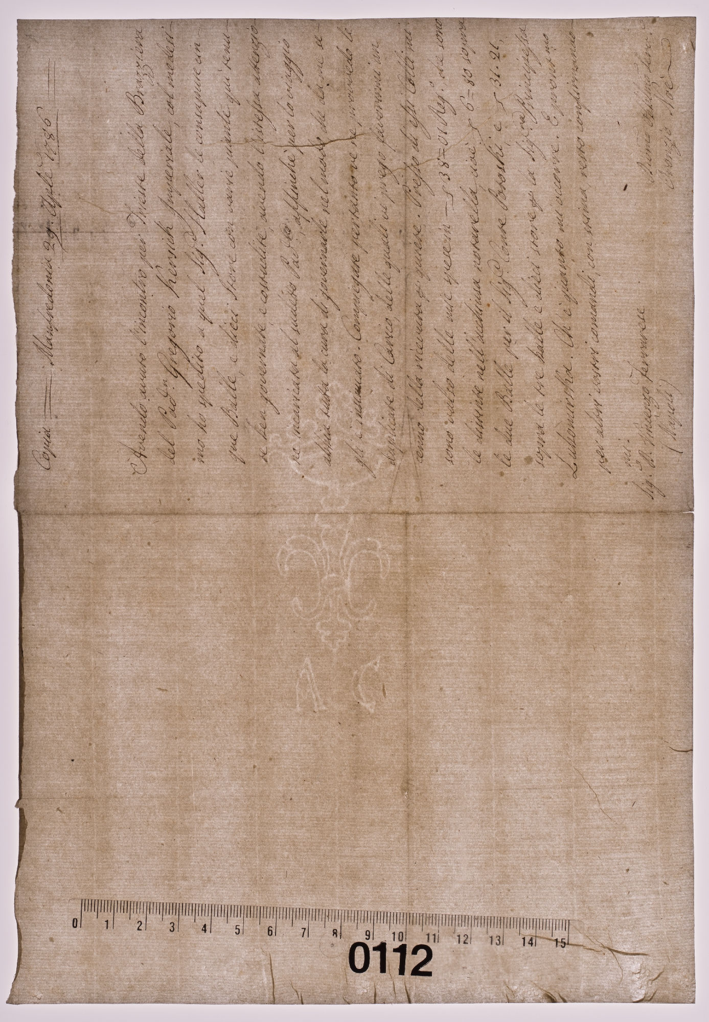 Copia. Manfredonia 29 Ap[ri]le 1786. Avendo avuto l’incontro per Trieste [incipit]