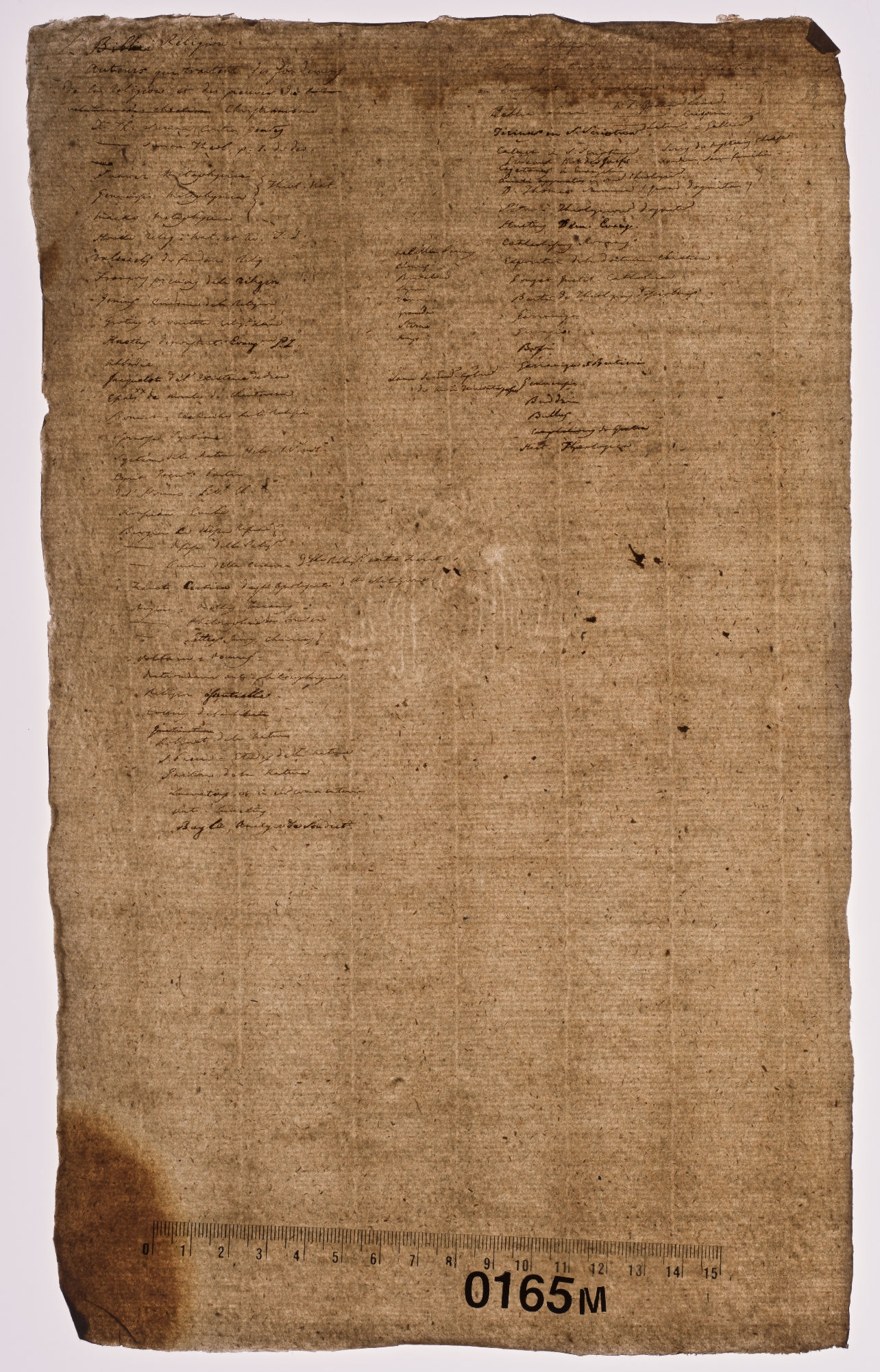 Religion. Auteurs qui traitent les fondemens [!] de la religion [incipit]