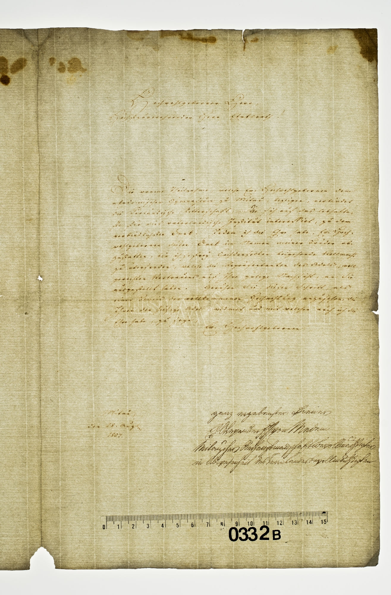 Hochwohlgeborener Herr, Höchstzuverehrender Herr Etatsrath! Die warme Theilnahme, welche er: Hochwohlgeborenen dem akademischen Gymnasium zu Mitau [incipit]