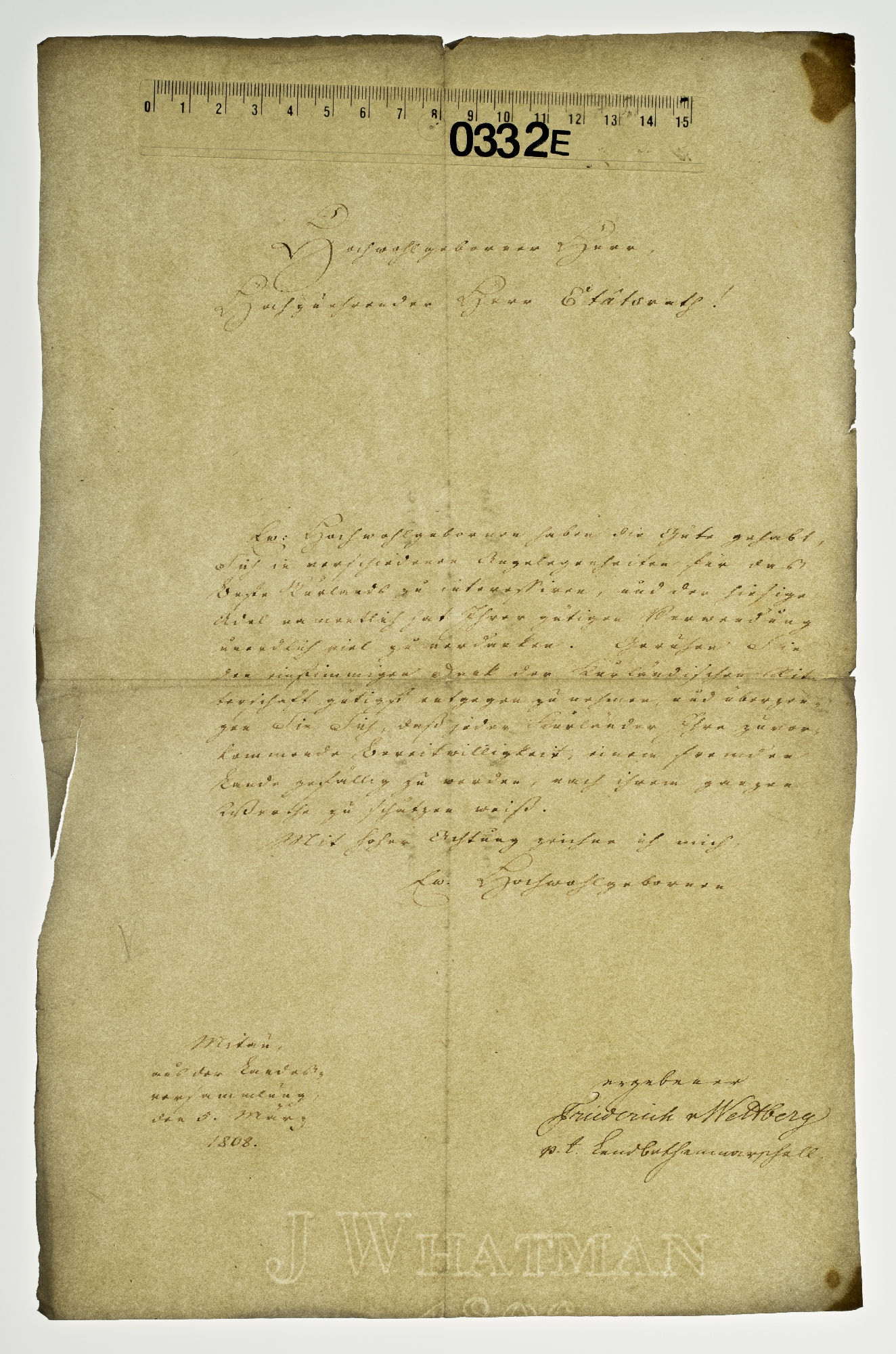 Hochwohlgeborener Herr, Hochzuverehrender Herr Etatsrath! Er: Hochwohlgebornen haben die Gute gehabt, sich in verschiedenen Angelegenheiten [incipit]