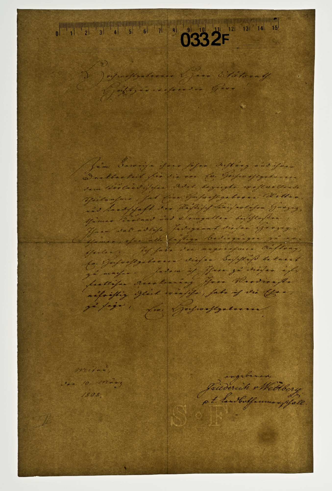 Hochwohlgeborner Herr Etatsrath, Höchstzuverehrender Herr! Zum Beweise ihrer hohen Achtung und ihrer Dankbarkeit [incipit]